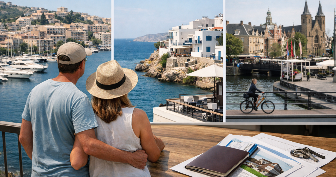 Couple vu de dos admirant village côtier méditerranéen