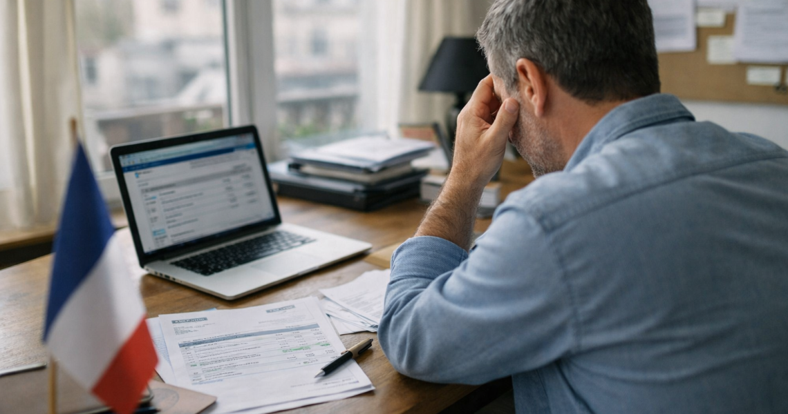 Homme pensif consultant tableur et documents sur ordinateur