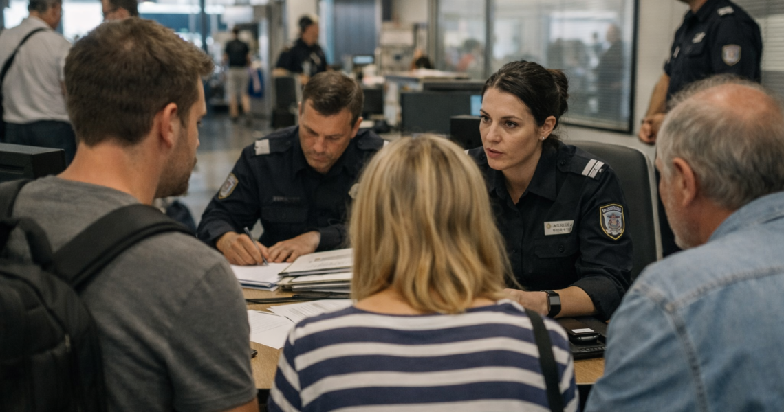 Deux policiers discutent avec deux civils à un bureau