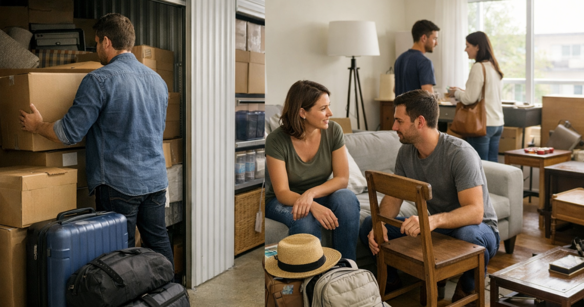 Jeunes adultes discutant entourés de sacs et valises