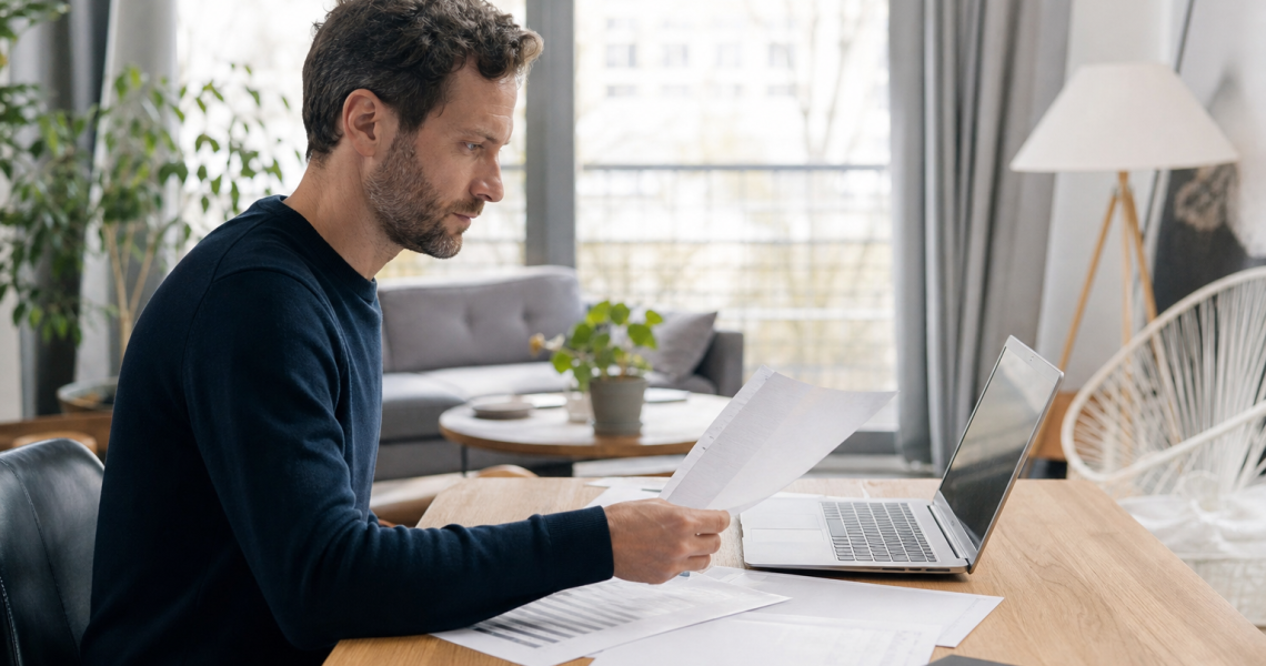 Homme examinant des documents près d'un ordinateur portable