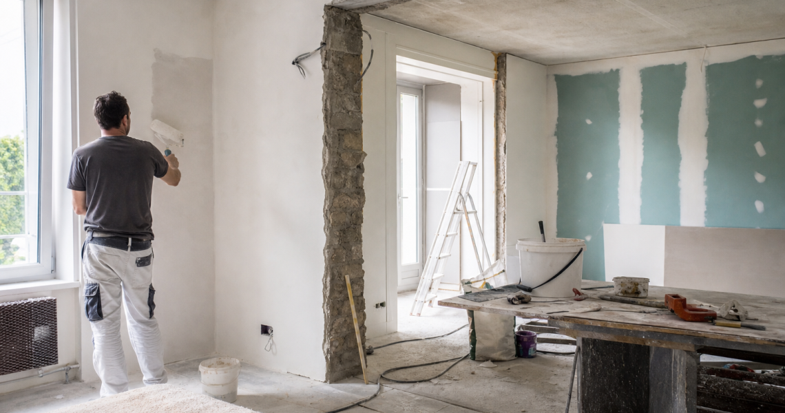Intérieur en rénovation, ouvrier et ouverture de mur