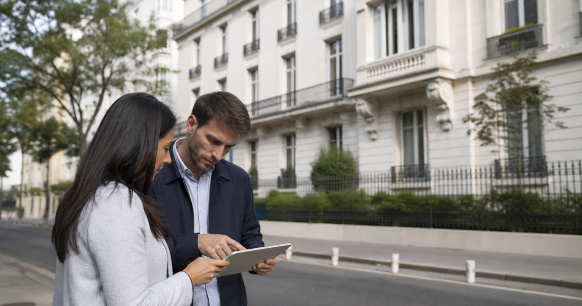 Deux personnes consultent une tablette devant un immeuble haussmannien