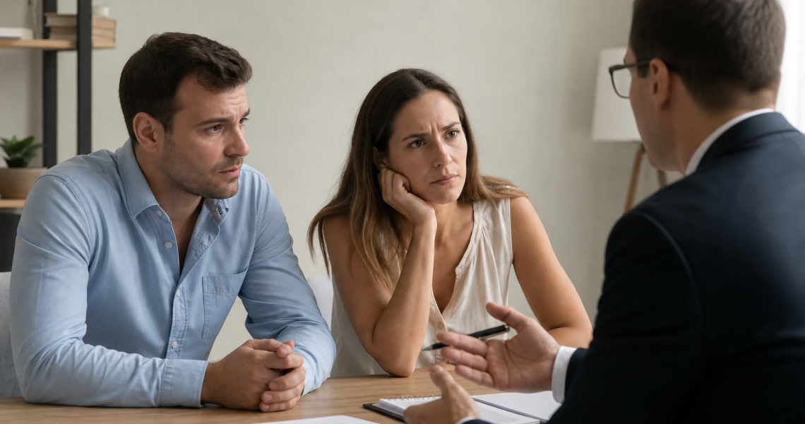 Couple écoutant un conseiller lors d'une consultation