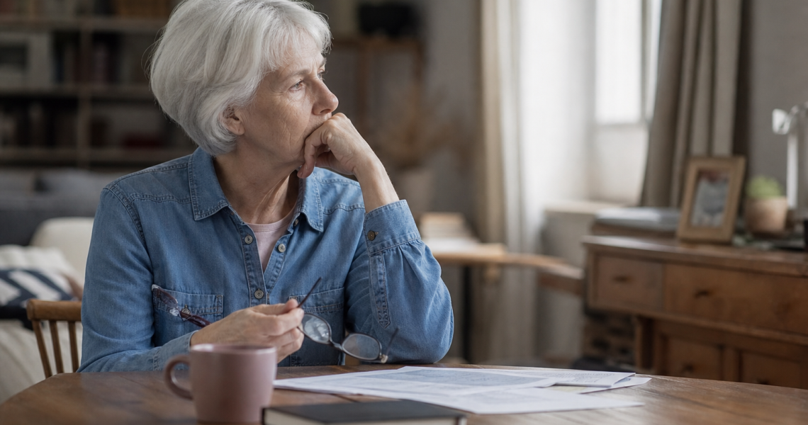 Femme âgée pensive tenant une tasse, documents sur table